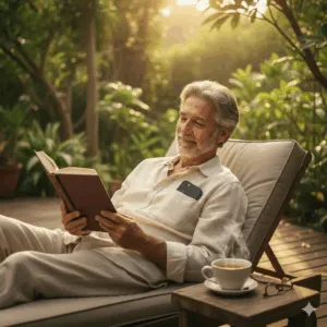 Middle-aged man sitting in a garden, reading a book while his phone sits in his pocket.