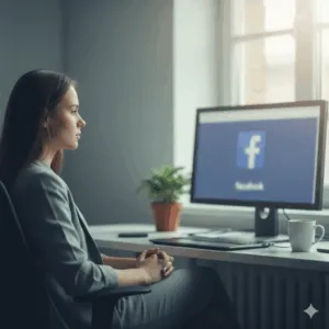 Woman gazing past her computer on which the Facebook logo is displayed.