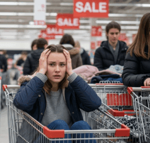 Woman sitting in shopping cart surrounded by shoppers and Sale signs, looking overwhelmed.