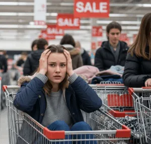 Woman sitting in shopping cart surrounded by shoppers and Sale signs, looking overwhelmed.