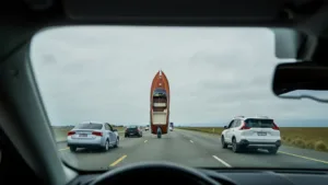 Speedboat standing vertically on its stern in the middle of a busy freeway.