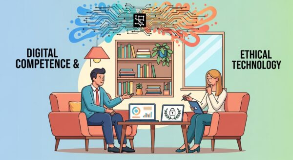 A male and a female psychologist engaging in peer consultation with their laptops open in front of them